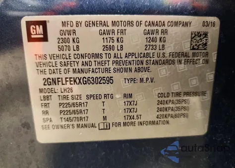 2016 Chevrolet Equinox Lt из США, поврежденный, VIN 2GNFLFEKXG6302595